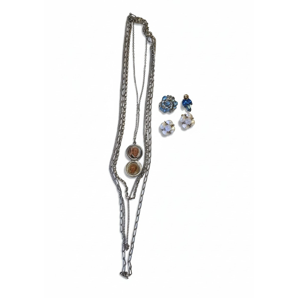 3-Strand Photo Locket Pendant Necklace & Clip-On Earrings Statement Jewelry Set
